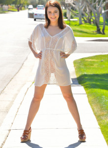 Exciting Kylie wearing see-through sheer white dress outdoor undresses when it is hot