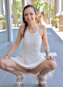 Slim body brunette Lily with puffy nipples is wearing sexy soft white summer dress