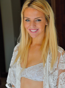Goddess blonde Katie in lace white see-trough sexy lingerie has tasty ass and puffy nipples