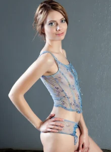 Wonderful wet girl in see-through blue lingerie with hairy beaver and puffy nipples